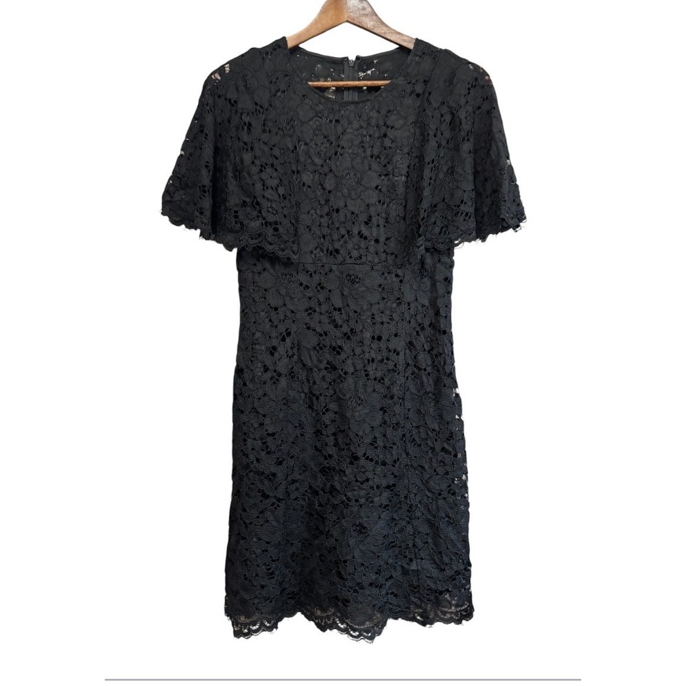 Vince Camuto Lace Capelet Sheath Dress Womens 6 Black Excellent Flutter Sleeve